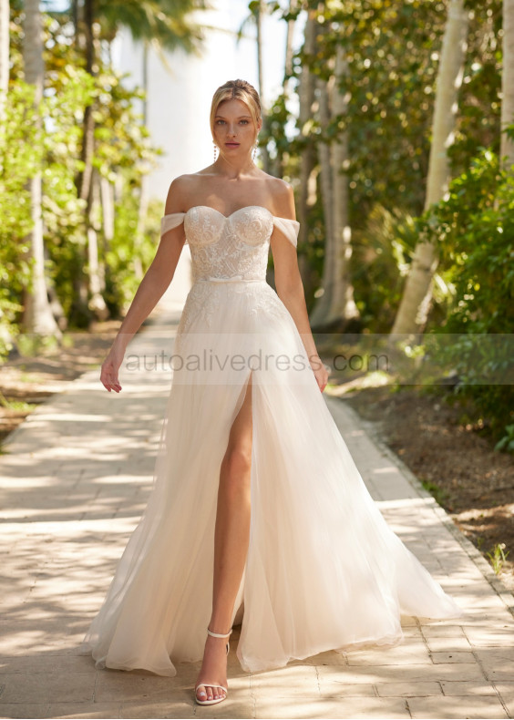 Off Shoulder Beaded Ivory Lace Tulle Slit Flowing Wedding Dress